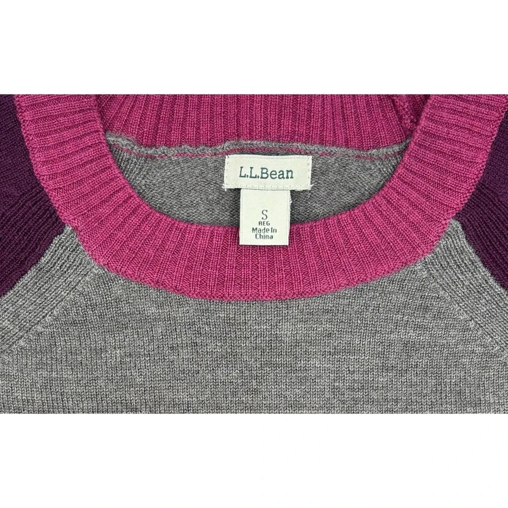 L.L. Bean Gray Purple Merino Wool Crewneck Sweater With Zippers Small